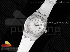 Royal Oak Offshore Ladies 33mm SS TWF Best Edition White Dial Diamonds Bezel on White Leather Strap ETA Quartz