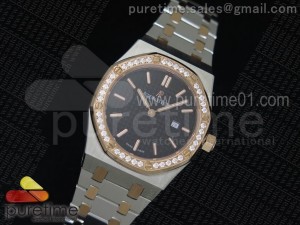 Lady Royal Oak 33mm SS Black Textured Dial RG Diamonds Bezel on SS/RG Bracelet RONDA Quartz