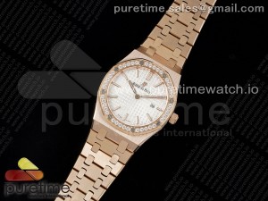 Lady Royal Oak 33mm RG 8F 1:1 Best Edition White Dial Diamonds Bezel on RG Bracelet Swiss Quartz