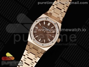 Lady Royal Oak 33mm RG ZF 1:1 Best Edition Brown Dial Diamonds Bezel on RG Bracelet ETA Quartz