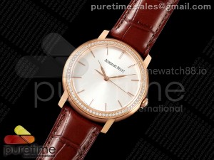 Jules Audemars 15120 RG OMF 1:1 Best Edition Silver Dial Diamonds Bezel on Brown Leather Strap A3120