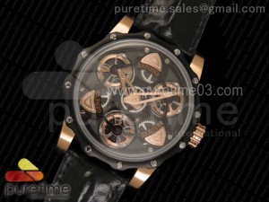 Tourbillon of Tourbillons PVD/RG Skeleton Dial on Black Leather Strap Miyota Movement