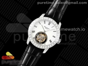 PP Tourbillon SS Diamonds Bezel RMSF Edition White Dial on Black Leather Strap