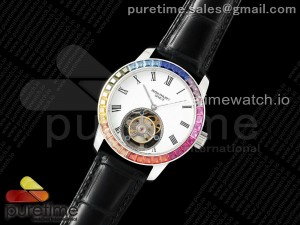PP Tourbillon SS Rainbow Bezel RMSF Edition White Dial on Black Leather Strap