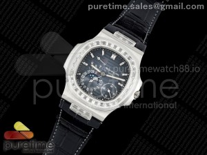 Nautilus 5712 Full Diamonds SS PPF 1:1 Best Edition Blue Dial on Black Leather Strap A240 Super Clone V3