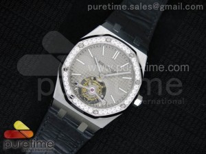 Royal Oak 41mm Tourbillon SS Gray Dial Diamonds Bezel on Black Leather Strap