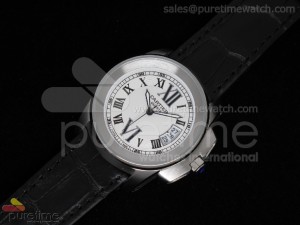 Calibre de Cartier 35mm SS White Dial on Black Leather Strap Quartz 