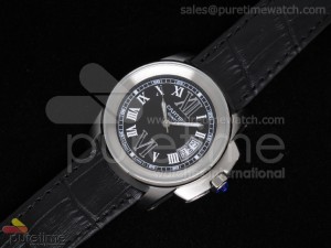 Calibre de Cartier 35mm SS Black Dial on Black Leather Strap Quartz 