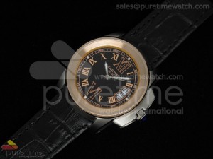 Calibre de Cartier 35mm SS Black Dial RG Bezel on Black Leather Strap Quartz 