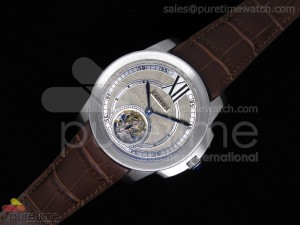 Calibre de Cartier Tourbillon SS Grey Dial Brown Leather Strap