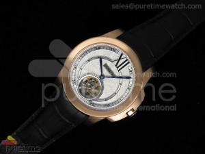 Calibre de Cartier Tourbillon RG White Dial on Black Leather Strap