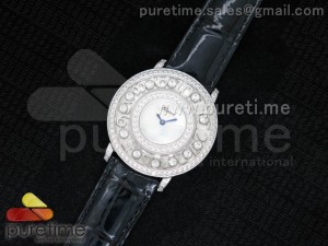 Happy Sport Diamonds SS White MOP Dial on Black Leather Strap Swiss Quartz