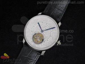 Ronde Louis Tourbillon SS Full Pave Diamonds Dial on Black Leather Strap