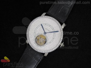 Ronde Louis Tourbillon SS Full Pave Diamonds Dial/Bezel on Black Leather Strap