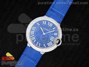 Ballon Bleu de Cartier SS Blue Dial Diamond Bezel on Blue Leather Strap Ronda Quartz