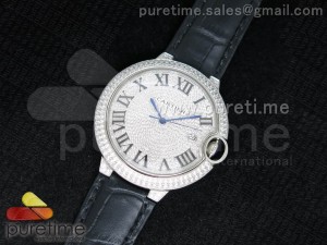 Ballon Bleu de Cartier SS Full Paved Diamonds Dial with Roman Markers on Black Leather Strap A2892