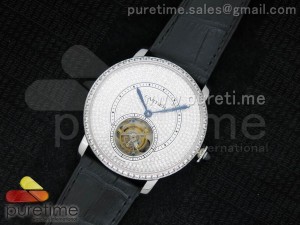 Ronde Louis Tourbillon SS Full Pave Diamond Dial on Black Leather Strap