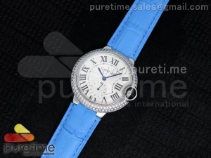 Ballon Bleu 36mm SS White Dial Full Paved Diamonds Bezel on Blue Leather Strap Jap Quartz