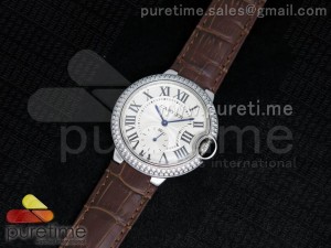 Ballon Bleu 36mm SS White Dial Full Paved Diamonds Bezel on Brown Leather Strap Jap Quartz