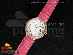 Ballon Bleu 36mm RG White Dial Full Paved Diamonds Bezel on Deep Pink Leather Strap Jap Quartz