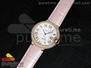 Ballon Bleu 36mm RG White Dial Full Paved Diamonds Bezel on Pink Leather Strap Jap Quartz