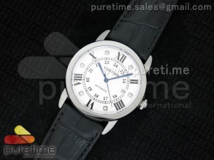 Ronde Solo De Cartier SS White Dial Roman/Diamonds Markers on Black Leather Strap A2824