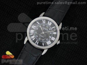 Ronde Solo De Cartier SS Black Dial Roman Markers on Black Leather Strap A2824