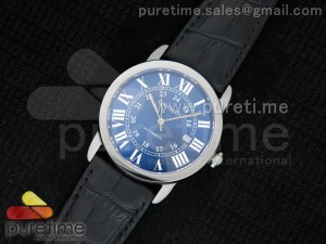 Ronde Solo De Cartier SS Blue Dial Roman Markers on Black Leather Strap A2824