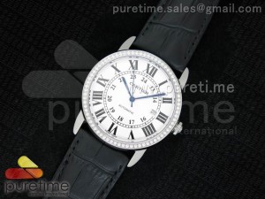 Ronde Solo De Cartier SS Diamonds Bezel White Dial Roman Markers on Black Leather Strap A2824