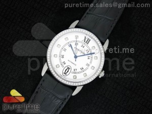 Ronde Solo De Cartier SS Diamonds Bezel/Markers White Dial on Black Leather Strap A2824