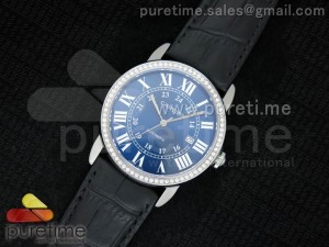 Ronde Solo De Cartier SS Diamonds Bezel Blue Dial Roman Markers on Black Leather Strap A2824