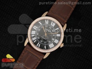 Ronde Solo De Cartier RG Diamonds Bezel Black Dial Roman Markers on Brown Leather Strap A2824