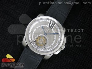 Calibre de Cartier SS Tourbillon Gray Dial on Black Leather Strap