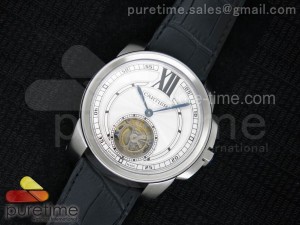 Calibre de Cartier SS Tourbillon White Dial on Black Leather Strap