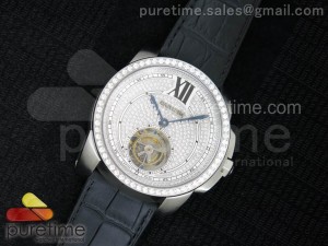 Calibre de Cartier SS Tourbillon Diamonds Dial Diamonds Bezel on Black Leather Strap