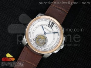 Calibre de Cartier SS Tourbillon White Dial RG Bezel on Brown Leather Strap