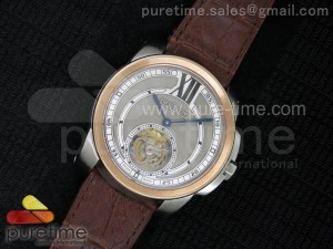 Calibre de Cartier SS Tourbillon Gray Dial RG Bezel on Brown Leather Strap