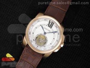 Calibre de Cartier RG Tourbillon White Dial on Brown Leather Strap