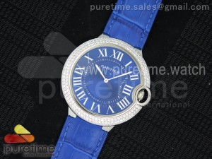 Ballon Bleu de Cartier SS Blue Dial Diamond Bezel on Blue Leather Strap Ronda Quartz