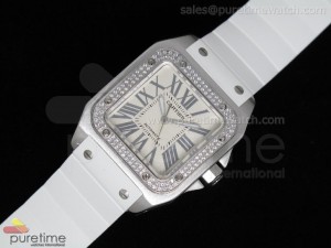 Santos 100 Midsize SS White dial Diamond Bezel White Rubber Strap ETA2671