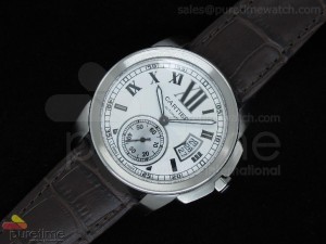 Calibre de Cartier SS White Dial on Brown Leather Strap A2824