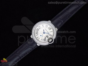 Ballon Bleu Ladies SS White Dial Diamond Bezel on Black Leather Strap Swiss Quartz