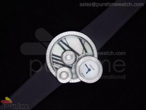 Perles de Cartier SS White MOP Dial on Black Leather Strap Swiss Quartz