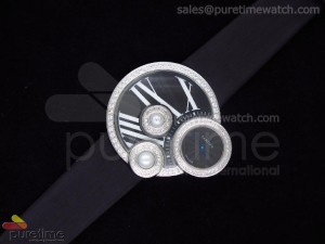 Perles de Cartier SS Black Dial on Black Leather Strap Swiss Quartz