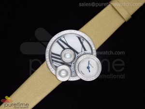 Perles de Cartier SS White MOP Dial on Gold Leather Strap Swiss Quartz