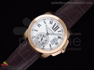 Calibre de Cartier RG White Dial on Brown Leather Strap A2824
