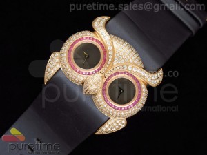 Owl Ladies Diamond RG Black Dial on Black Leather Strap Jap Quartz