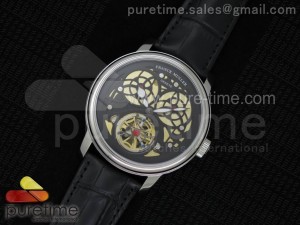 Giga Tourbillon SS Black Skeleton Dial on Black Leather Strap A23J