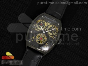 Giga Tourbillon Oval PVD Black Skeleton Dial on Black Leather Strap A23J