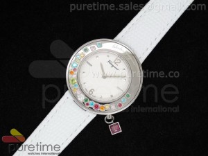 Gancino Sparkling SS White Dial on White Leather Strap Swiss Quartz